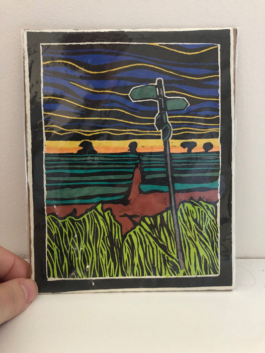 "Finding A New Direction" unframed hand painted linocut print