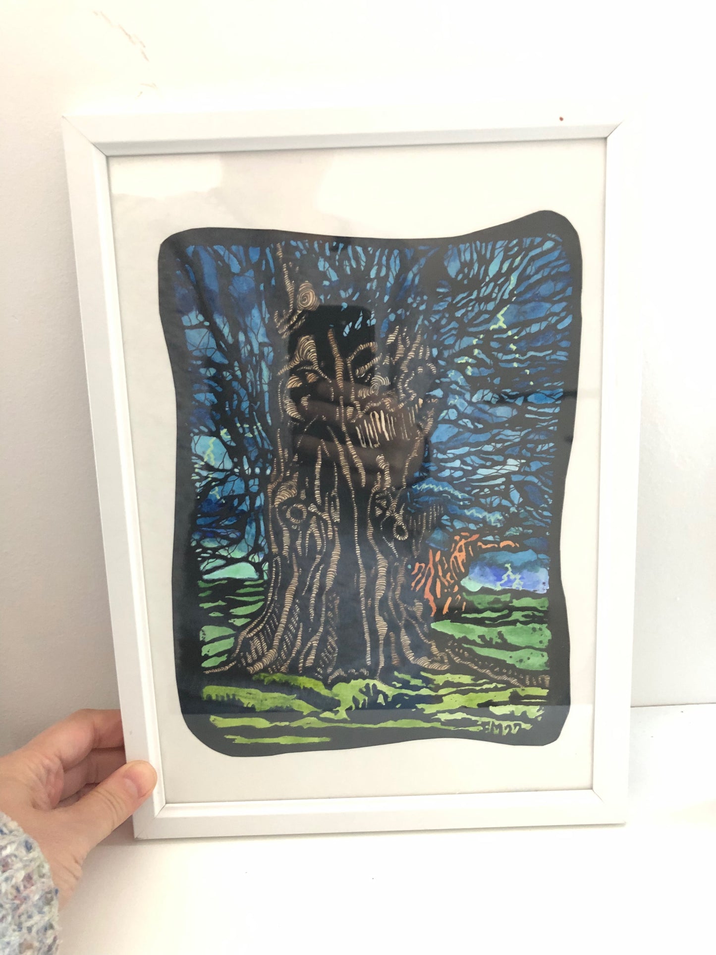 "Woodland Storm" screenprint with white wooden frame