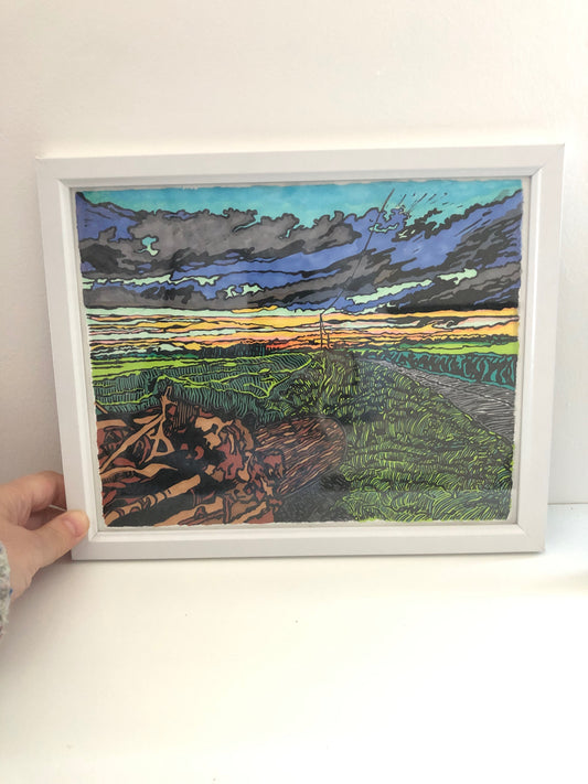 "St Albans Landscape" Framed hand painted linocut print