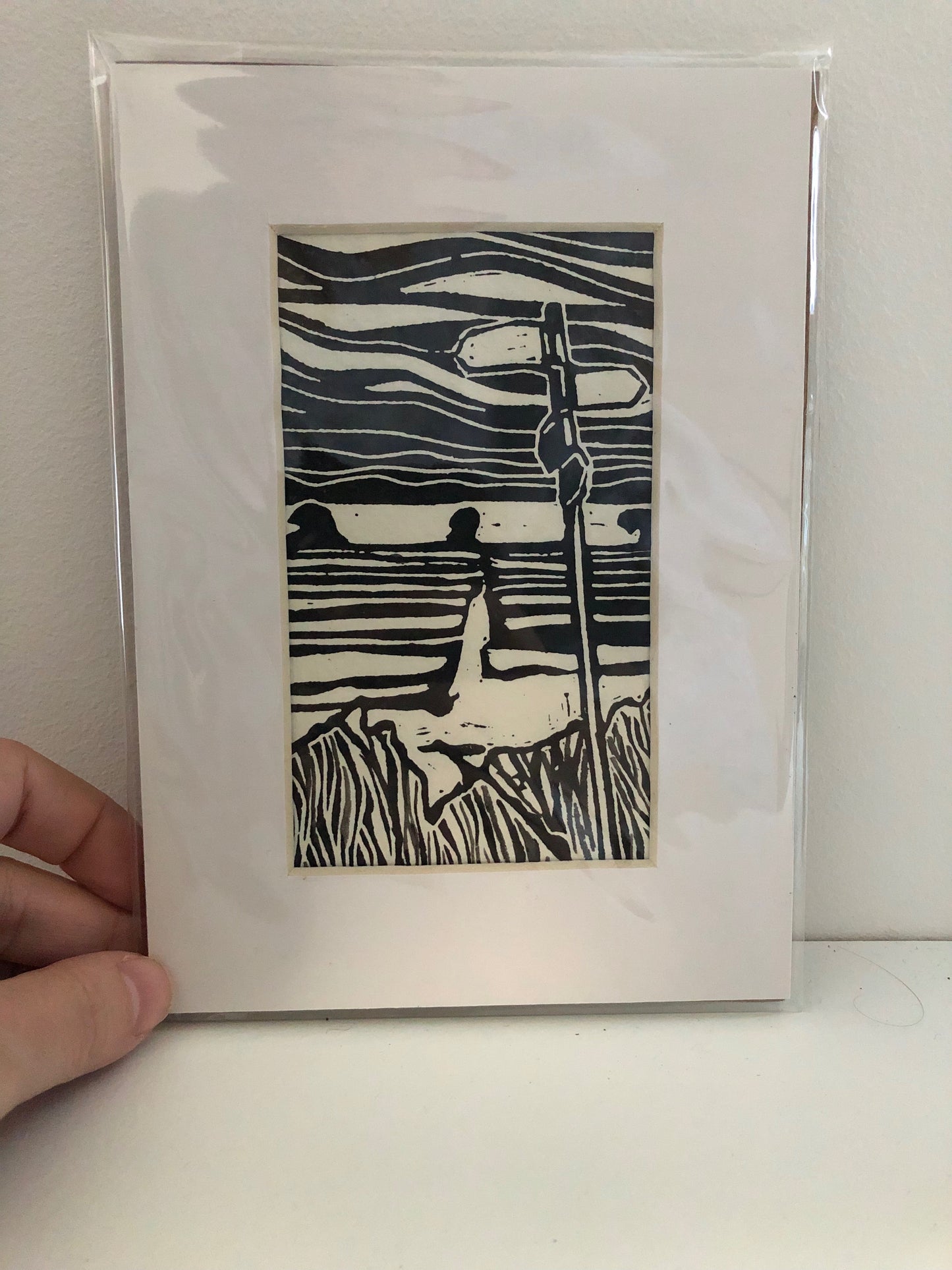 "Finding a New Direction" linocut black and white print