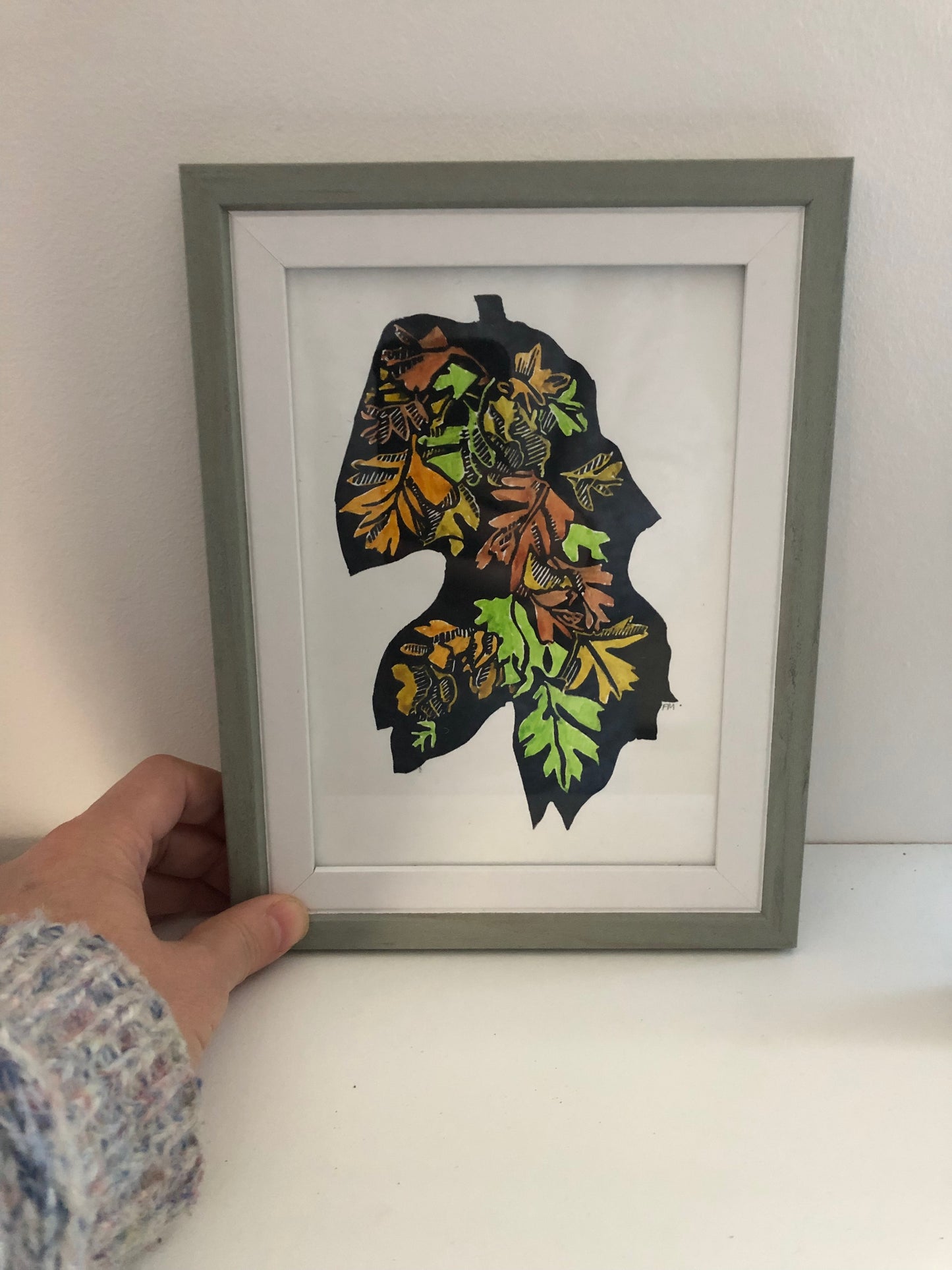 Leaf - Framed hand painted linocut print