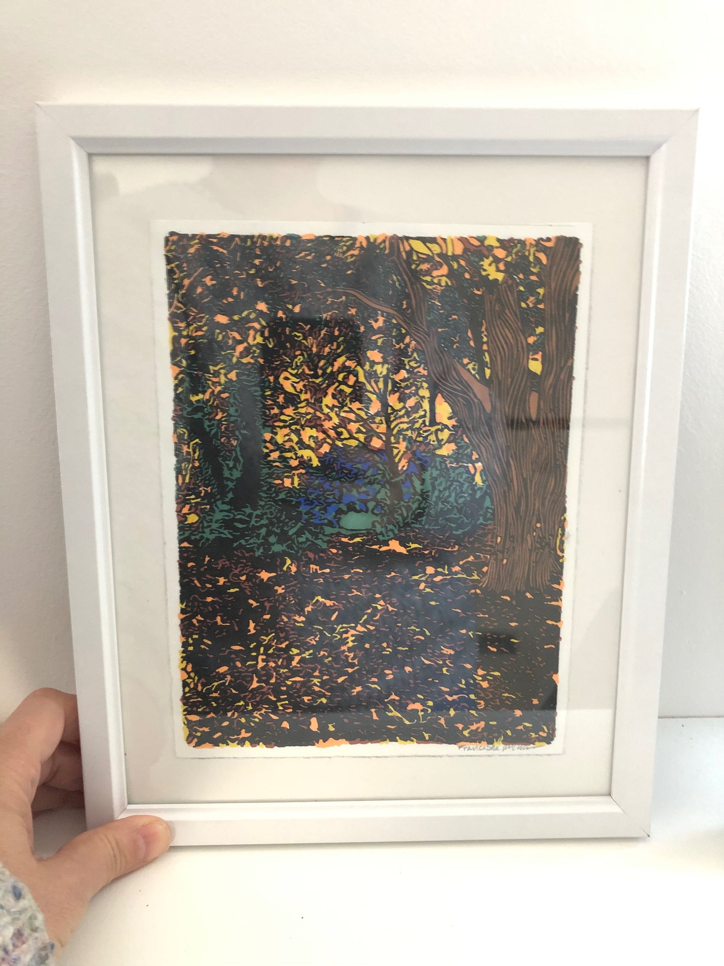 Autumn Leaves - hand painted framed linocut print